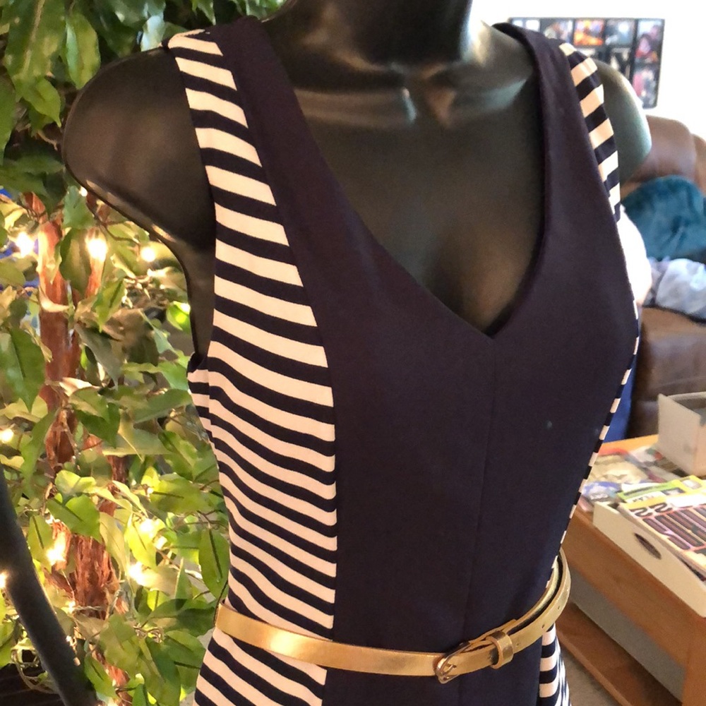 Navy & White Striped Dress with a Gold Belt - Picture 6 of 10